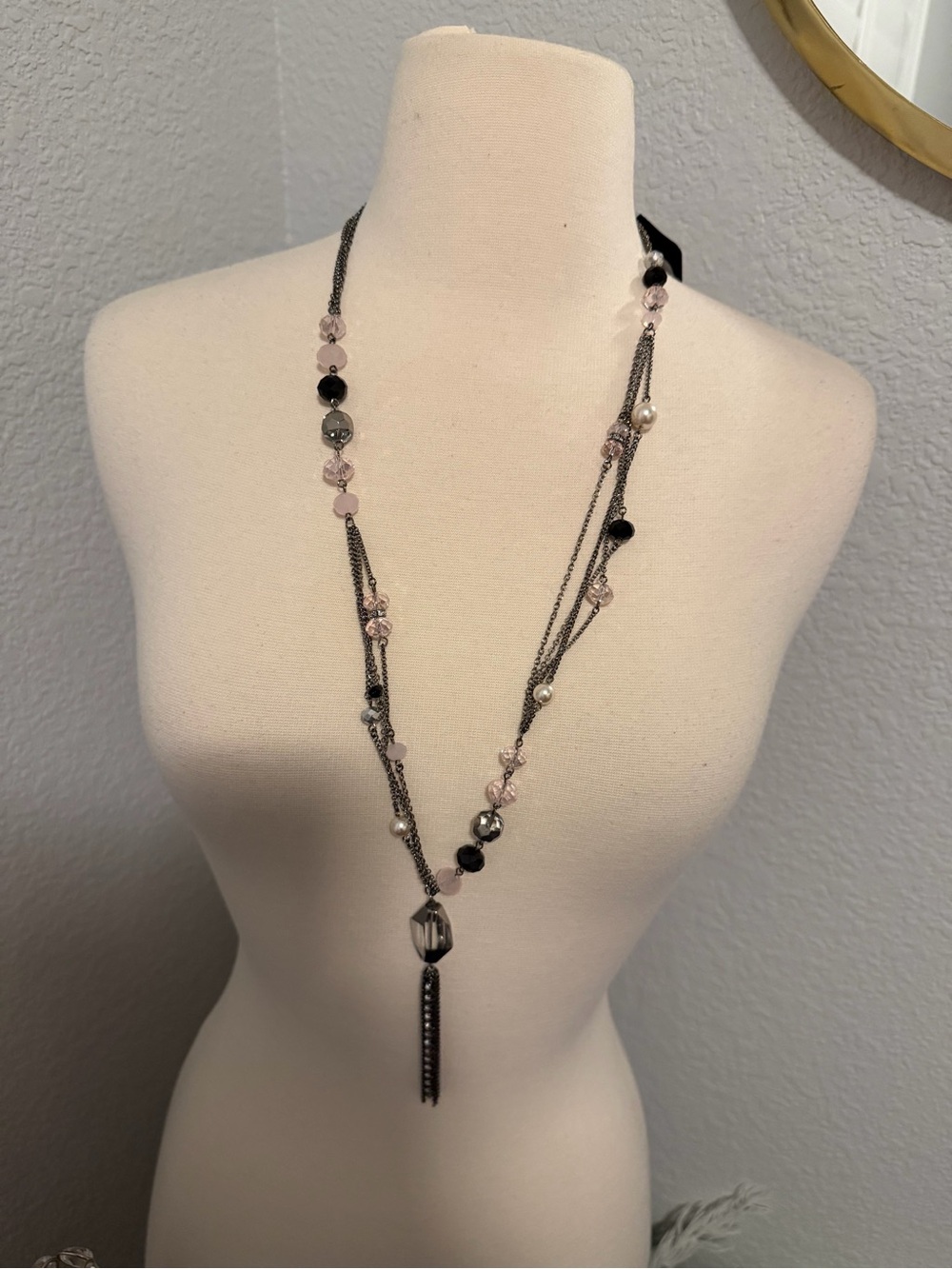 Multi-Strand Pink and Black Beaded Necklace with Silver Chains